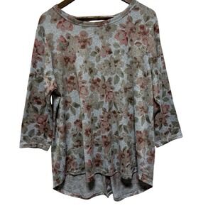 Rose Olive Tunic Womens 1X Plus Muted Floral 3/4 Sleeve Super Soft Stretch Top